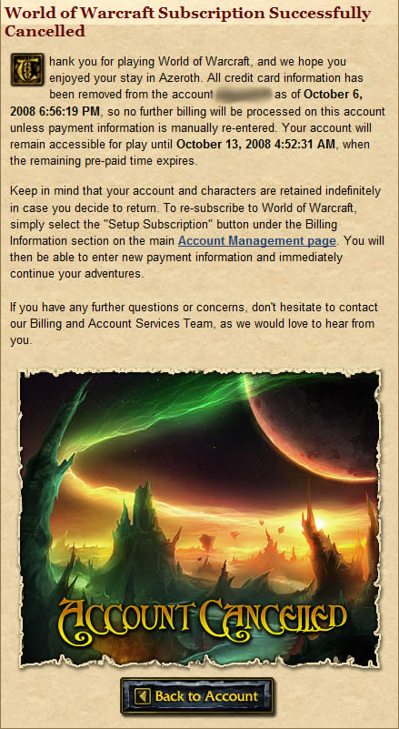 World of Warcraft Subscription Successfully Cancelled